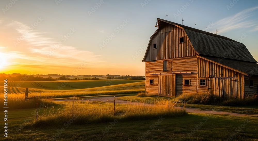 Obraz premium A rustic barn stands bathed in the warm glow of a setting sun over rolling hills and golden fields