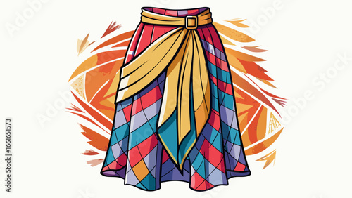 Stylish women's flowy wrap midi skirt fashion flat drawing isolated vector apparel design template, versatile and comfortable must-have, modern silhouette, graceful drape, timeless charm, elegant move
