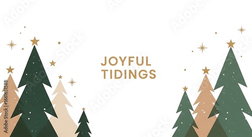 Joyful Tidings Holiday Card with Green and Beige Christmas Trees and Golden Stars on White Background
