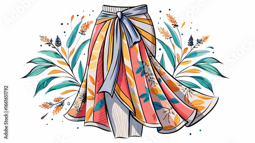 Stylish women's flowy wrap midi skirt fashion flat drawing isolated vector apparel design template, versatile and comfortable must-have, modern silhouette, graceful drape, timeless charm, elegant move
