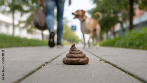 Dog owner walking away from uncollected dog poop on a sidewalk. The poop is in sharp focus with the owner and a dog blurred in the background.