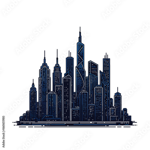 Stylized nighttime cityscape skyline, modern architecture, urban landscape, detailed illustration.