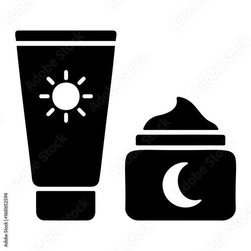 Illustration of sunscreen tube with sun icon and night cream with moon icon on transparent background