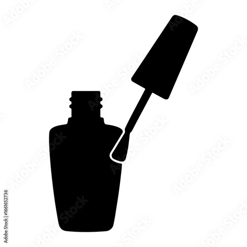Silhouette of nail polish bottle with applicator outside the bottle on white on transparent background
