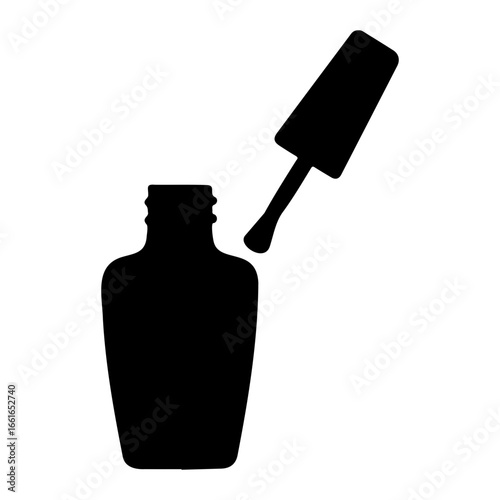 Silhouette of nail polish bottle with applicator poised above the container open on transparent background