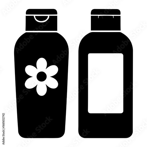 Two bottles of lotion or shampoo with one bottle having a flower design on transparent background