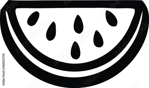 Simple black and white sketch of a watermelon slice showing seeds and rind perfect for summer graphics