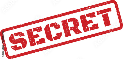 Red grungy rubber stamp featuring the word secret in a tilted rectangular design