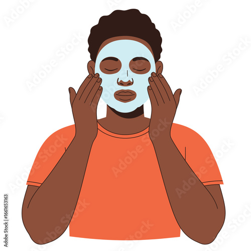 A relaxed individual with dark skin performs a beauty ritual, carefully applying a blue facial mask to nourish and rejuvenate their complexion.