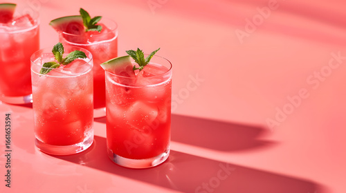 Wallpaper Mural Glasses  of watermelon smoothie with straw, fresh mint, and watermelon slices on a pastel red background – tropical refreshment. Torontodigital.ca