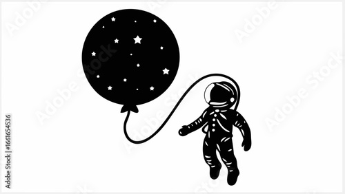Astronaut holding a star filled balloon floating in space in black and white simple vector drawing art silhouette