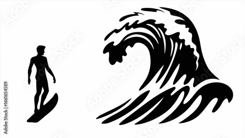 Silhouette of a surfer riding a surfboard with a large wave in the background in black and white style