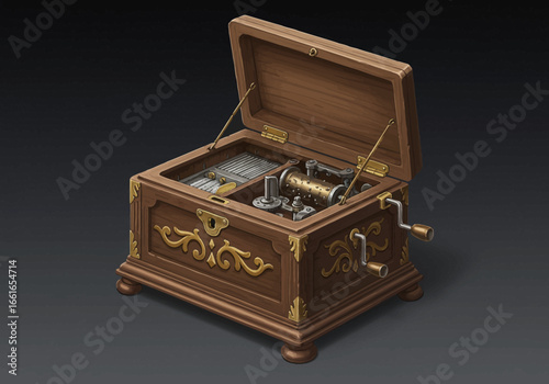 An open, intricately detailed wooden music box with visible gears and a winding crank, set against a dark background.