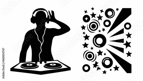 Silhouette of dj with headphones at turntable and abstract star and circle design on white background