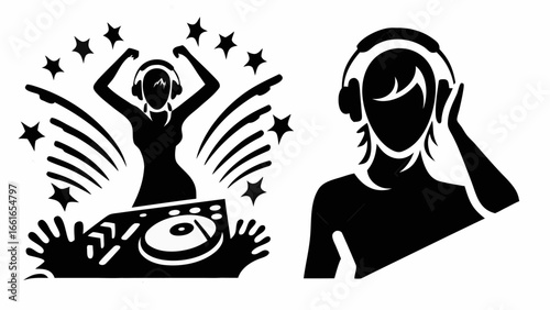 Silhouette illustration of a dj with turntable and a woman with headphones in black and white style