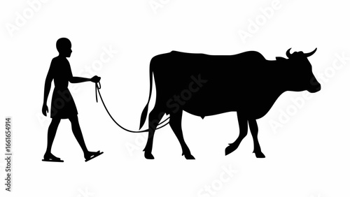 Silhouette of a man leading a cow with a rope in a black and white illustration depicting animal husbandry