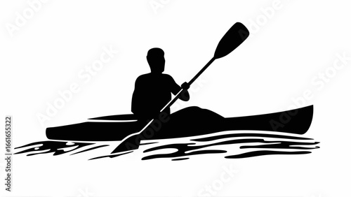 Silhouette of a person kayaking on water with a paddle in black and white simple vector illustration