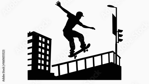 Silhouette of a skateboarder performing a trick over a rail in an urban setting with buildings and traffic lights
