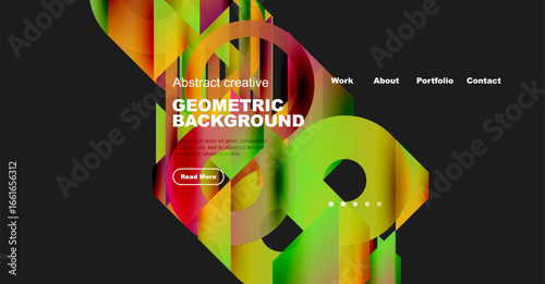 Dynamic geometric background features vibrant colors, text overlay, navigation menu. Modern design promotes creativity, information access.