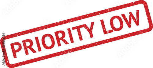 Red ink stamp effect with the phrase priority low, suitable for projects management