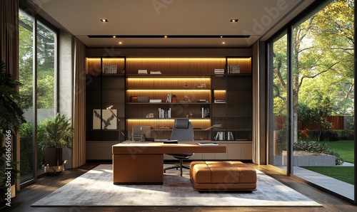 Modern home office setup, featuring ergonomic furniture and innovative design elements, optimized for remote work and productivity, blending comfort with functionality, Generative AI