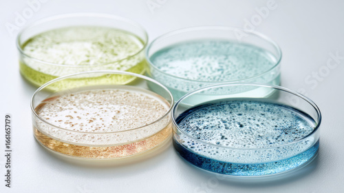 Colorful Petri Dishes with Bubbles and Liquid Samples in Lab