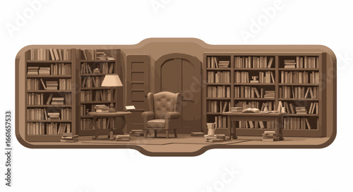 A stylized, sepia-toned image of a classic library study, complete with bookshelves, furniture, and decor.