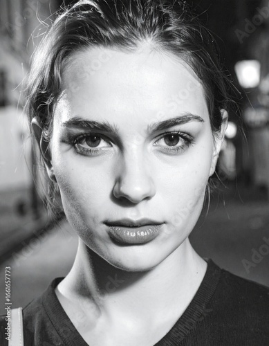 Portrait of a woman, centered, close-up, filling 85% of the frame, 3:4 aspect ratio, black-and-white noir style with strong contrast.