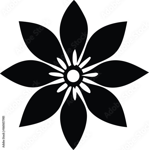 Stylized black flower silhouette with eight petals and delicate central stamens perfect for design projects and decorations