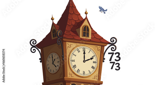Cartoon clock tower with a red roof and a blue bird flying above it, with the number 73 repeated twice.