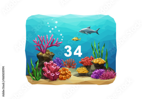 Underwater scene with colorful coral reefs, rocks, and marine life, including a shark and fish.