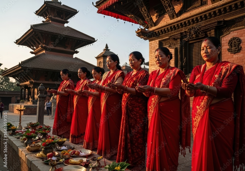 Naklejka premium Nepalese Women in Red Saris Performing Puja