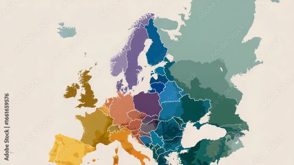 A colorful map of Europe is displayed. Minimal infographic Europe map highlighting LGBTQ+ policy differences, Hungary emphasized with rainbow ban icon,Hungary LGBTQ+ restrictions, clean muted