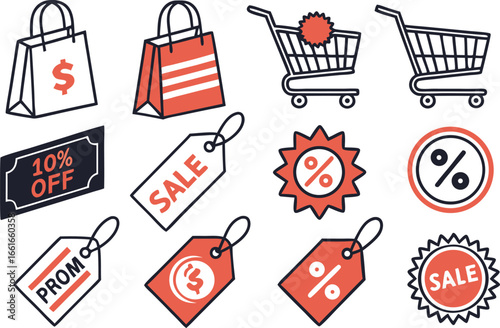 A set of sale tags and shopping bags with various retail symbols and icons for business and web