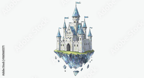 A whimsical, stylized floating castle, detailed in light gray and teal, rests on a fragmented ice base against a plain background.