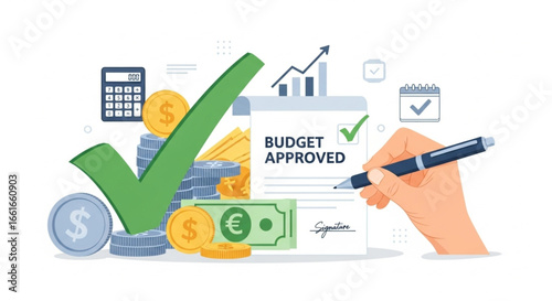 Approved budget document with finance icons and business strategy illustration