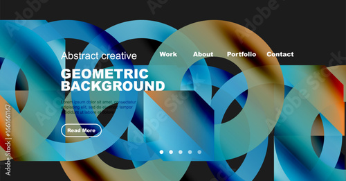 Fluid shapes, vibrant colors create modern website header. Text overlays promote content, navigation visible. Design feels dynamic, energetic.