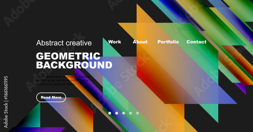 Abstract geometric design. Vibrant colors, diagonal lines create dynamic background. Website header includes navigation options, text block.