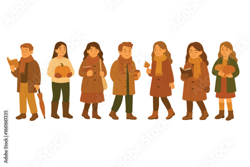 Flat cartoon vector collection of people in autumn clothes holding books, pumpkins, leaves, and coffee.