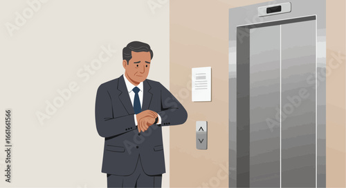 Businessman checking his wristwatch while waiting near an elevator, clean vector design.