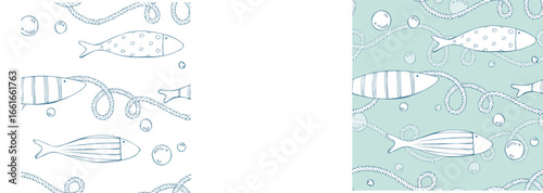 Minimalistic fish, bubbles and sea twisted ropes scattered on the minty seabed create an airy rhythm. Hand-drawn linear illustration. Seamless pattern for textiles, stationery, diaries and packaging.