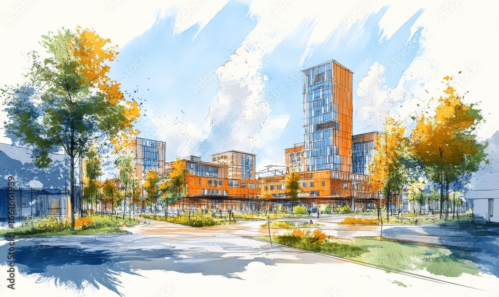 Obraz premium Urban regeneration concept sketch showcasing the revitalization of an abandoned industrial area, transforming it into a green urban space with adaptive reuse and sustainable, Generative AI