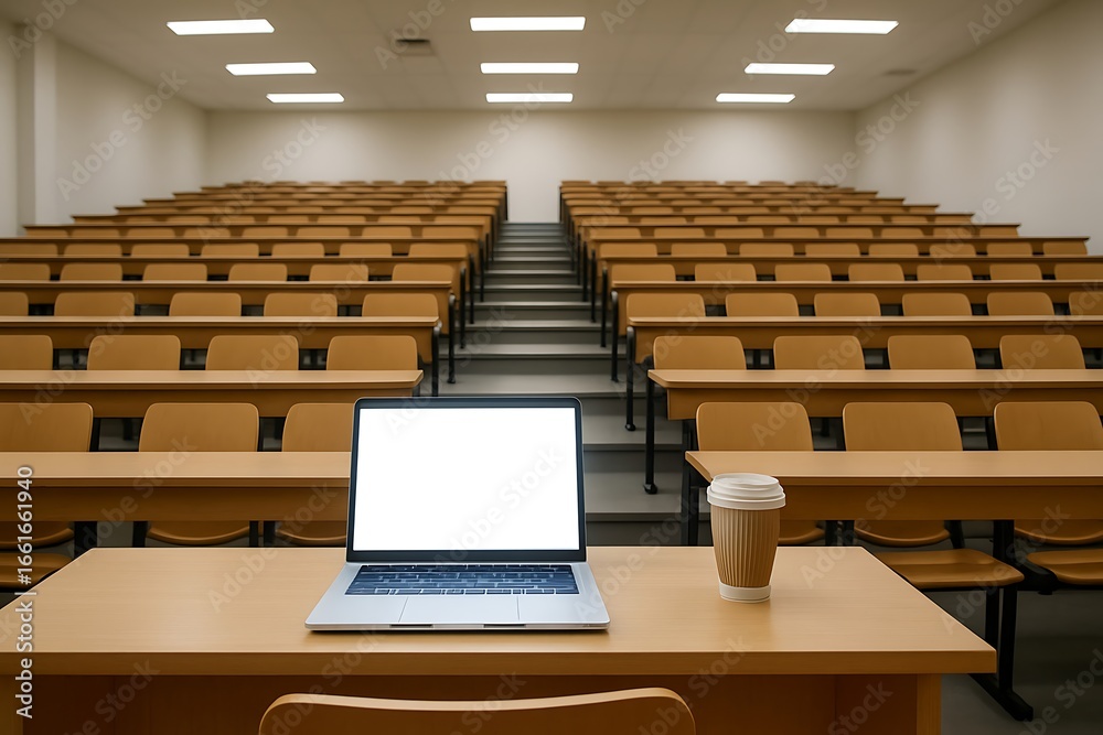 Fototapeta premium Boost Learning: Laptop with Blank Screen for Educational Content Creation, University Website Design et Engaging Online Courses. Coffee break during lecture. Template mock up.