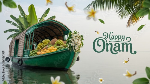 Happy Onam Traditional Boat with Fruits, Coconuts and Flowers Isolated on white Background