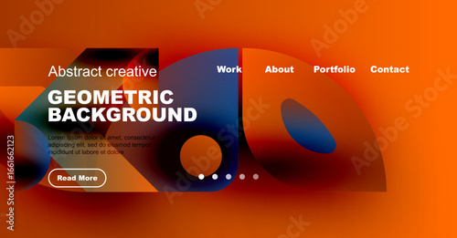 Modern website header design. Vibrant orange, blue hues create dynamic geometric background. Text promotes portfolio, contact options.