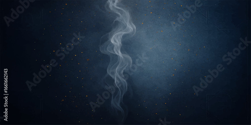 A vibrant celestial cloud of blue and white smoke drifts through the abstract dark space, a foggy explosion of light against the black night
