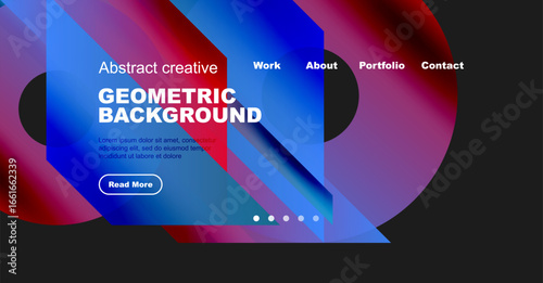 Website mockup displays abstract geometric design. Text includes work, about, portfolio, contact options. Button invites further reading.
