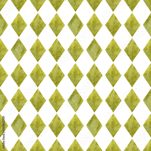 Seamless pattern watercolor geometric olive green rhombus transparent background. Hand drawn rhomb diamond geometrical illustration. For wallpaper, wrapping paper, texture, textile, design
