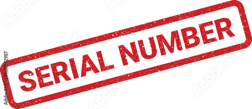 Red rectangular serial number stamp with distressed texture, isolated illustration for product verification