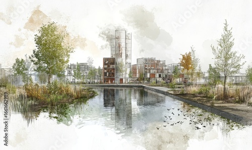 Urban regeneration concept sketch showcasing the revitalization of an abandoned industrial area, transforming it into a green urban space with adaptive reuse and sustainable, Generative AI